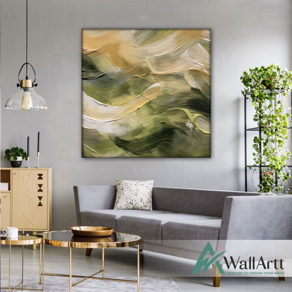 Abstract Green Waves Textured Partial Oil Painting - Wall Art